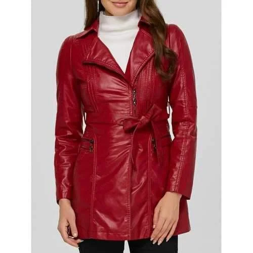 Asymmetrical Belted Faux Leather Jacket - Wine Red 3xl Notch Collar Peter Pan Collar Cowl Neck