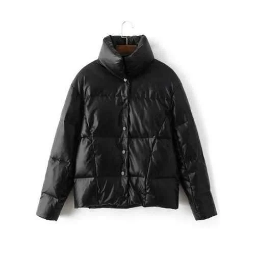 Stand Collar PU Leather Down Jacket - Black S Bomber Jacket Anorak Windbreaker