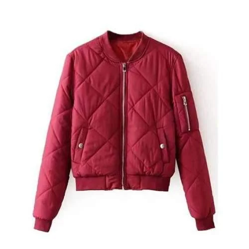 Zipper Diamond Quilted Bomber Jacket - Burgundy L Satin Fabric Silk Fabric Chiffon Fabric