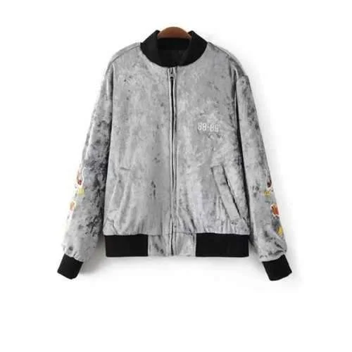 Embroidered Velvet Padded Jacket - Light Gray M Welt Pockets Slit Pockets Flap Pockets