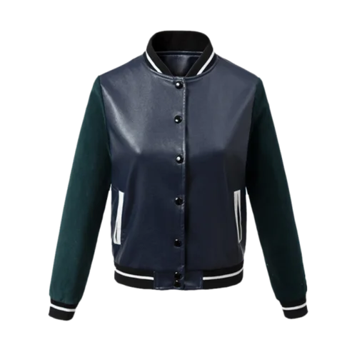 Contrast Sleeve PU Leather Baseball Jacket - Blue And Green M Welt Pockets Slit Pockets Flap Pockets