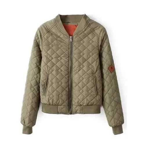 Zipper Quilted Bomber Jacket - Army Green S Notch Collar Peter Pan Collar Cowl Neck