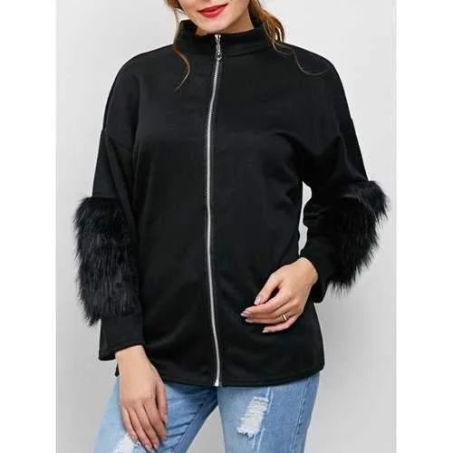 Zipper Faux Fur Drop Shoulder Jacket - Black L Hooded Jacket Caped Jacket Shawl Collar Jacket