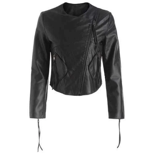 Double Pockets Zipper Fly Faux Leather Jacket - Black M Appliqued Jacket Beaded Jacket Sequined Jacket