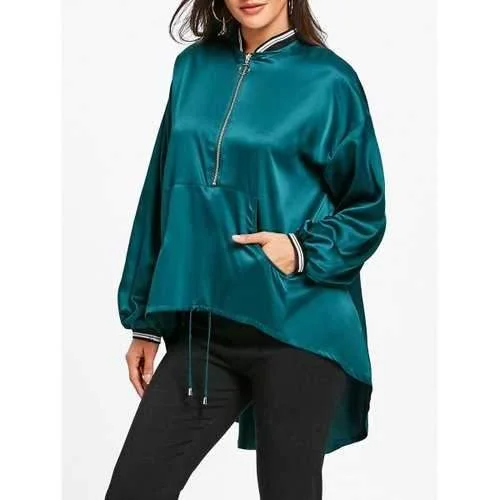 Sequin Floral High Low Drop Shoulder Jacket - Blackish Green M Satin Fabric Silk Fabric Chiffon Fabric