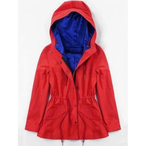 Hooded Drawstring Jacket with Heating Piece - Red M Zippered Front Buttoned Front Snap Front