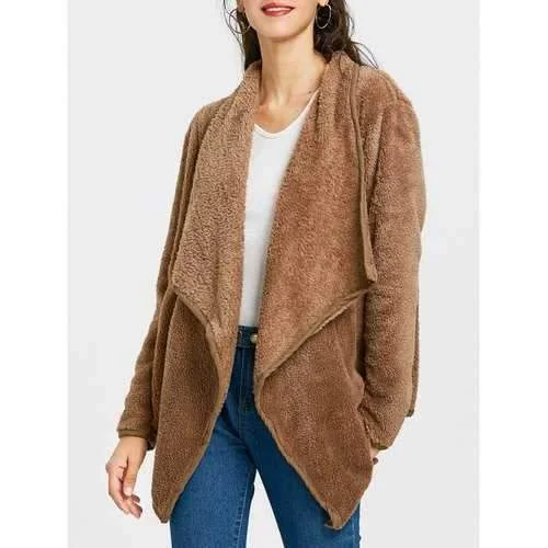 Drape Front Furry Jacket - Khaki L Zip Front Button Front Snap Front