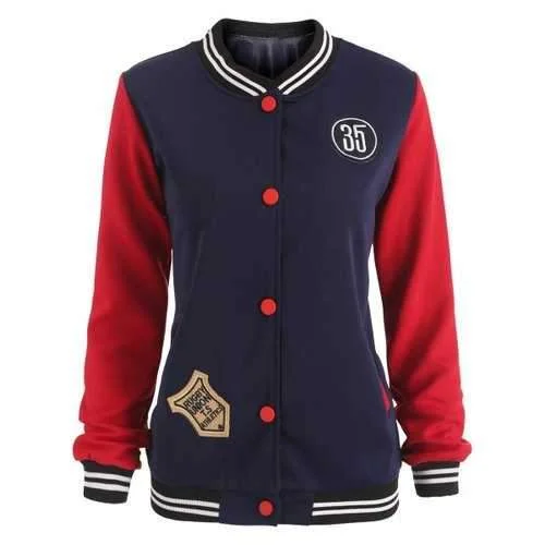 Patches Buttoned Baseball Jacket - Purplish Blue S Ribbed Jacket Pleated Jacket Ruffled Jacket