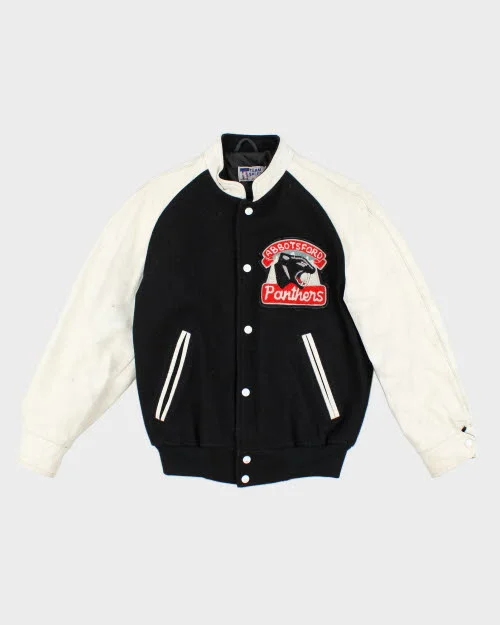 Vintage 80's Panthers Embroidered Leather Varsity Jacket - M Notch Collar Peter Pan Collar Cowl Neck Vintage 80's Panthers Embroidered Leather Varsity Jacket - M Notch Collar Peter Pan Collar Cowl Neck