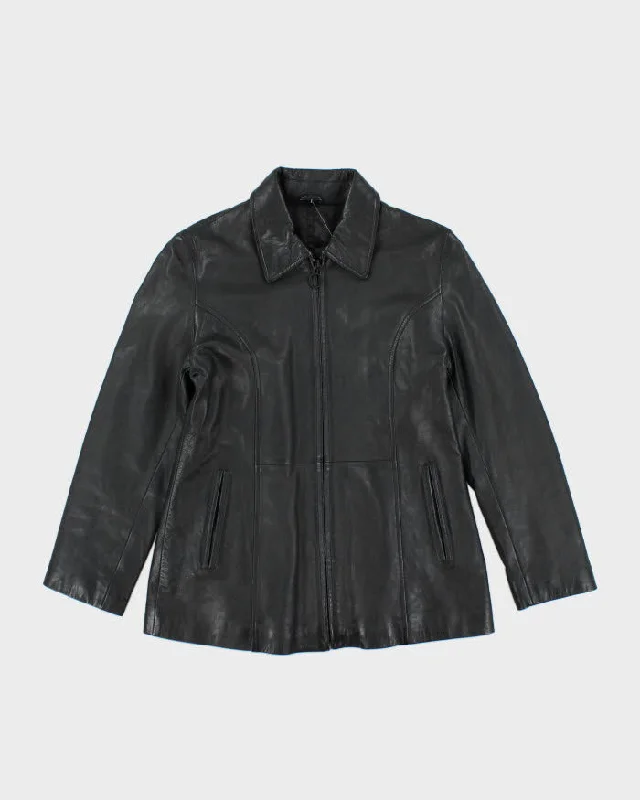 Vintage Black Leather Jacket - M Zip Front Button Front Snap Front