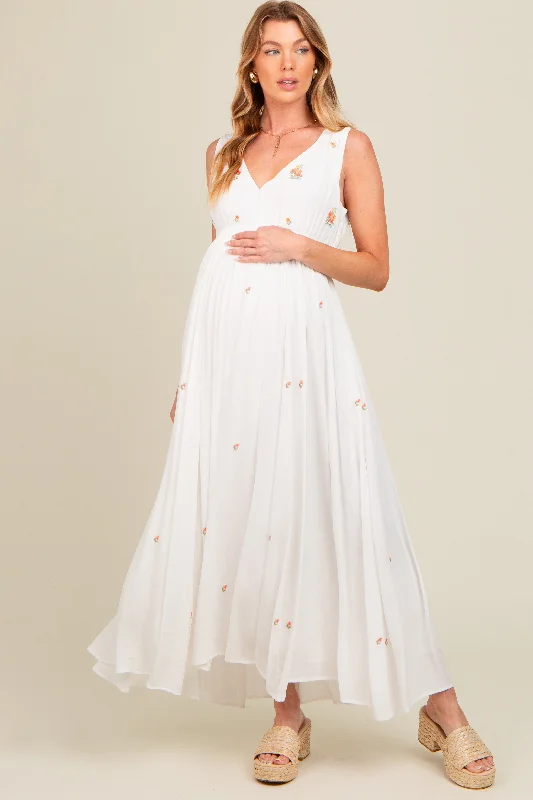 White Floral Embroidered Sleeveless Maternity Maxi Dress Elegant Maxi Dress with Ruffles White Floral Embroidered Sleeveless Maternity Maxi Dress Elegant Maxi Dress with Ruffles
