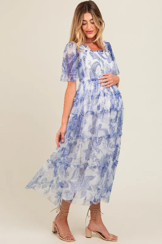 White Floral Smocked Tulle Maternity Maxi Dress Stylish Maxi Dress with Pleats