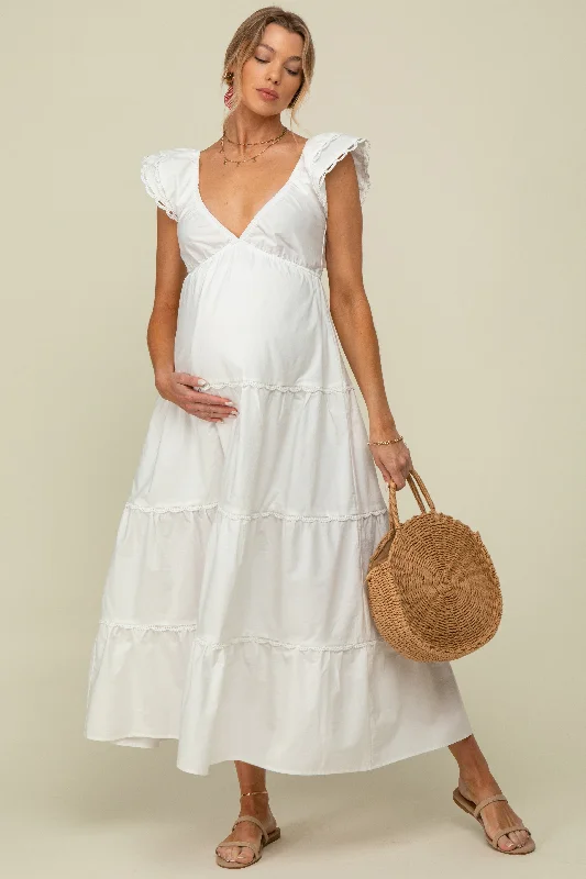 White Ruffle Trim Maternity Maxi Dress Fashionable Asymmetrical Maxi Dress