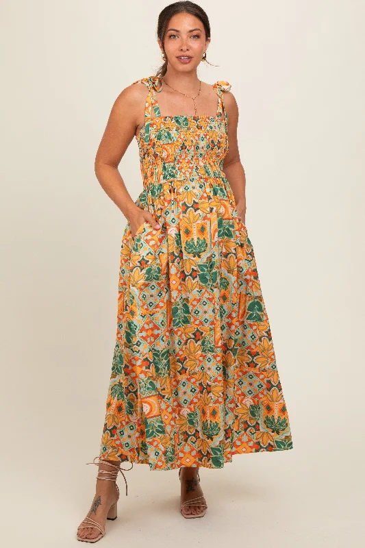 Yellow Floral Smocked Shoulder Tie Maternity Maxi Dress Fashionable Off-Shoulder Maxi Dress Yellow Floral Smocked Shoulder Tie Maternity Maxi Dress Fashionable Off-Shoulder Maxi Dress