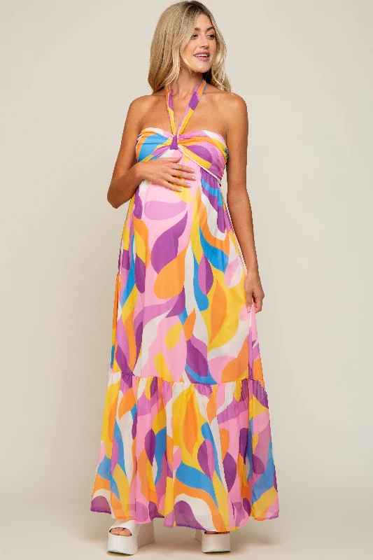 Yellow Printed Halter Maternity Maxi Dress Comfortable Long-Sleeve Maxi Dress