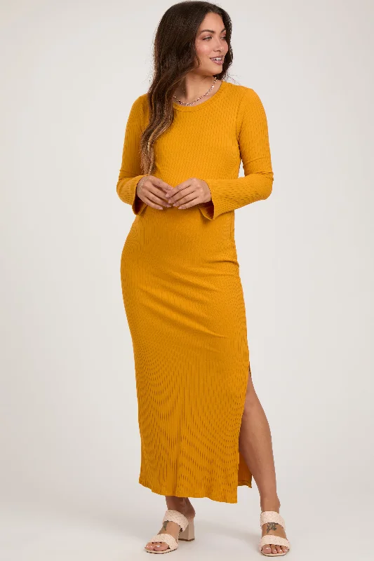Yellow Ribbed Side Slit Maternity Maxi Dress Classic Solid Maxi Dress