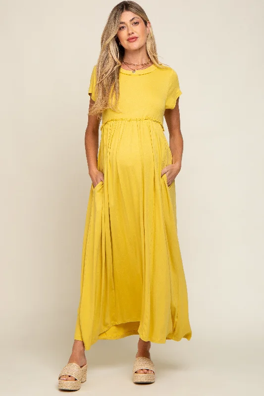 Yellow Short Sleeve Pocketed Maternity Maxi Dress Stylish Boho Maxi Dress