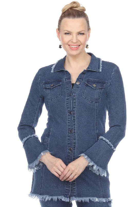 "Kelly" Medium Wash Long Denim Jacket Front Pockets Side Pockets Patch Pockets