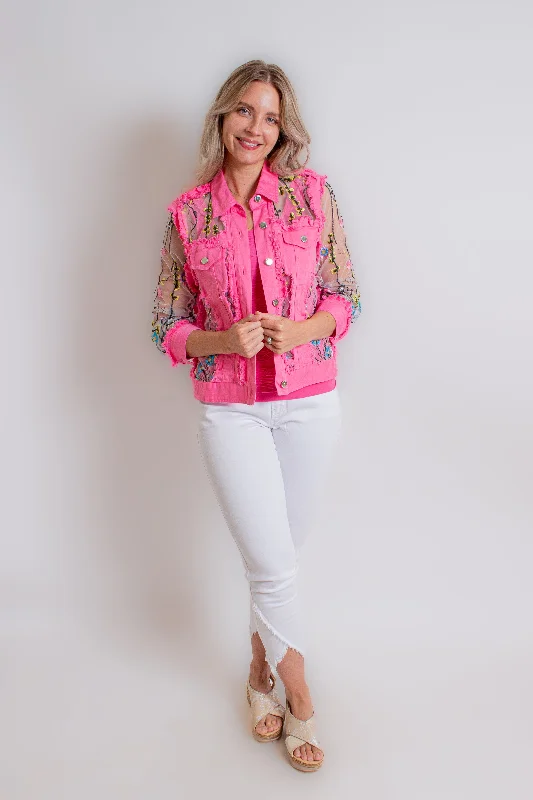 "Daisy" Pink Floral Jacket Satin Jacket Silk Jacket Chiffon Jacket