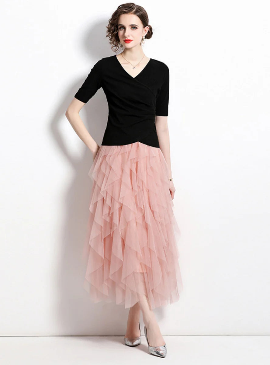 BLACK TOP CAKE SKIRT T-SHIRT TWO-PIECE SUIT athletic skirt fit