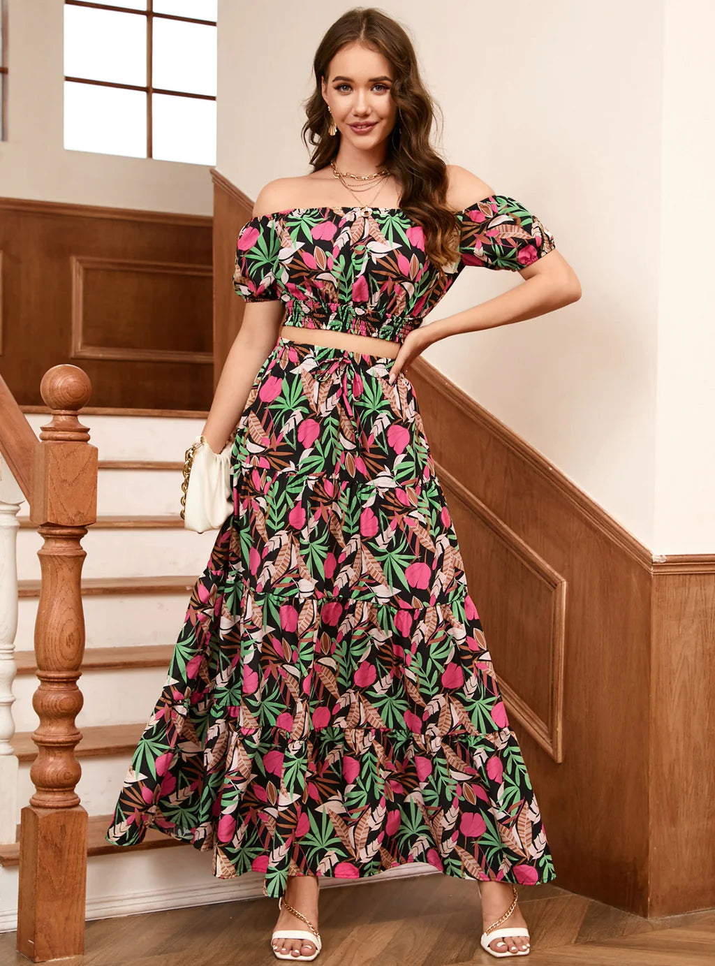 FASHION BOHEMIAN PRINTED TOP AND LONG SKIRT SUIT high slit skirt