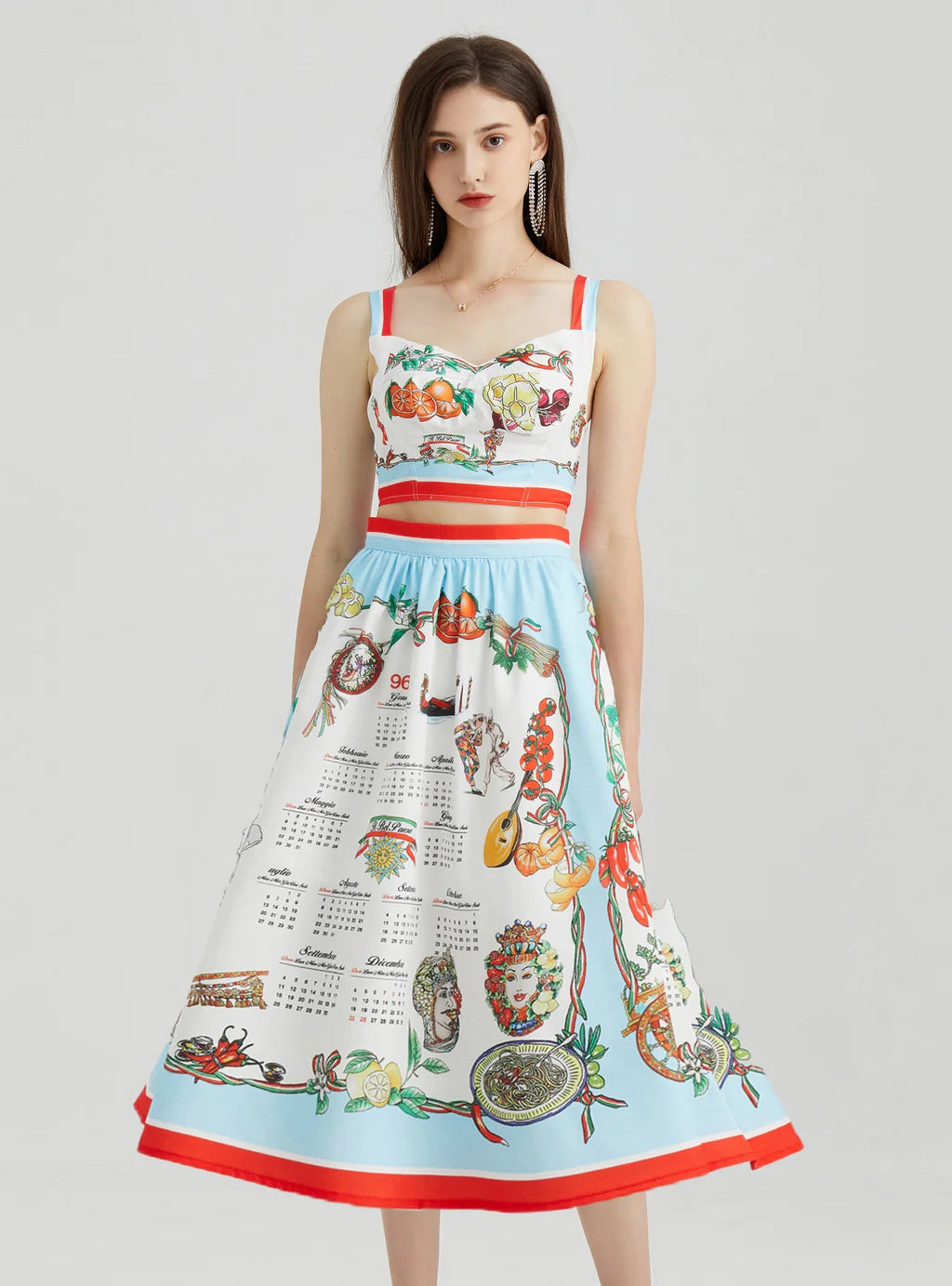 FRUIT PRINTED TOP+SKIRT TWO PIECE SUIT chiffon skirt airy