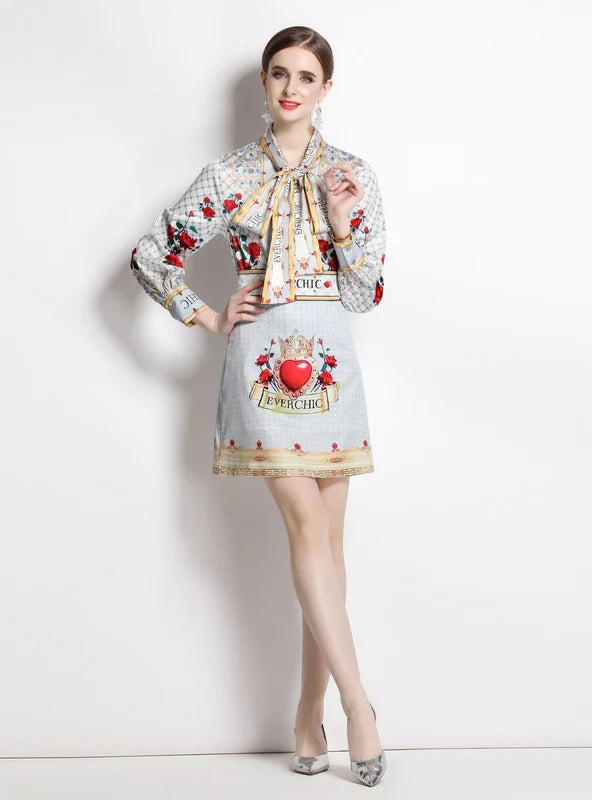 PRINTED BOW TIE SHIRT+HIGH WAIST SKIRT SUIT cashmere skirt plush