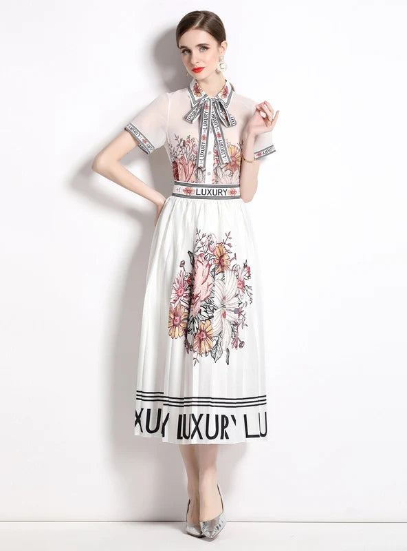 PRINTED LAPEL SHIRT+PLEATED SKIRT TWO-PIECE SUIT linen skirt airy