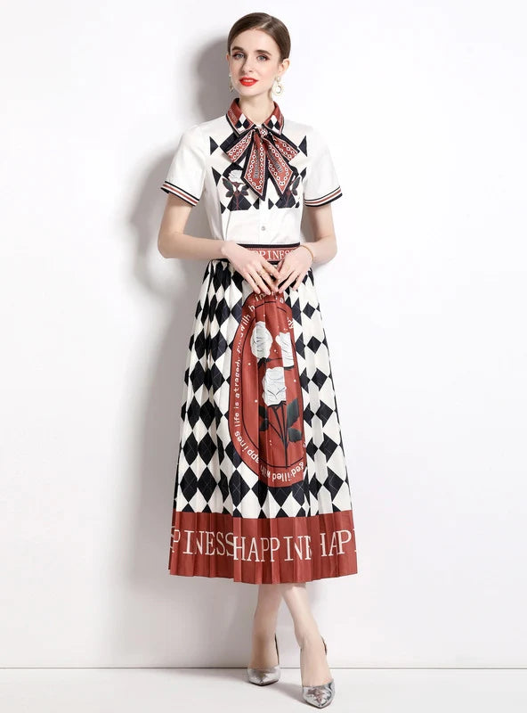 PRINTED LAPEL SHIRT+PLEATED SKIRT TWO-PIECE SUIT denim skirt casual