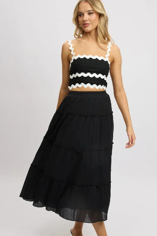 Black Midi Skirt Tiered High Rise Lined vintage skirt charm