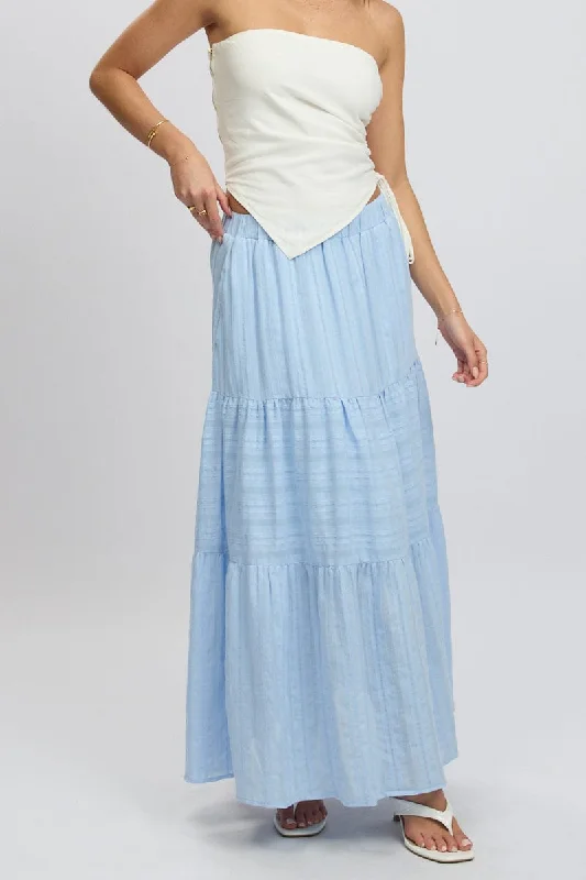 Blue Tiered Maxi Skirt High Rise Elastic Waist Lined velvet skirt luxurious