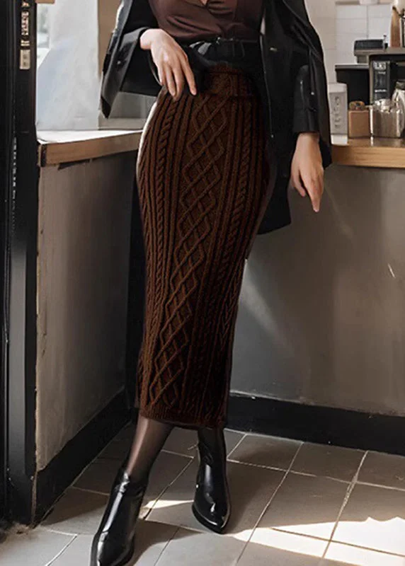 Classy Coffee High Waist Cable Knit Maxi Skirts Winter chiffon skirt delicate