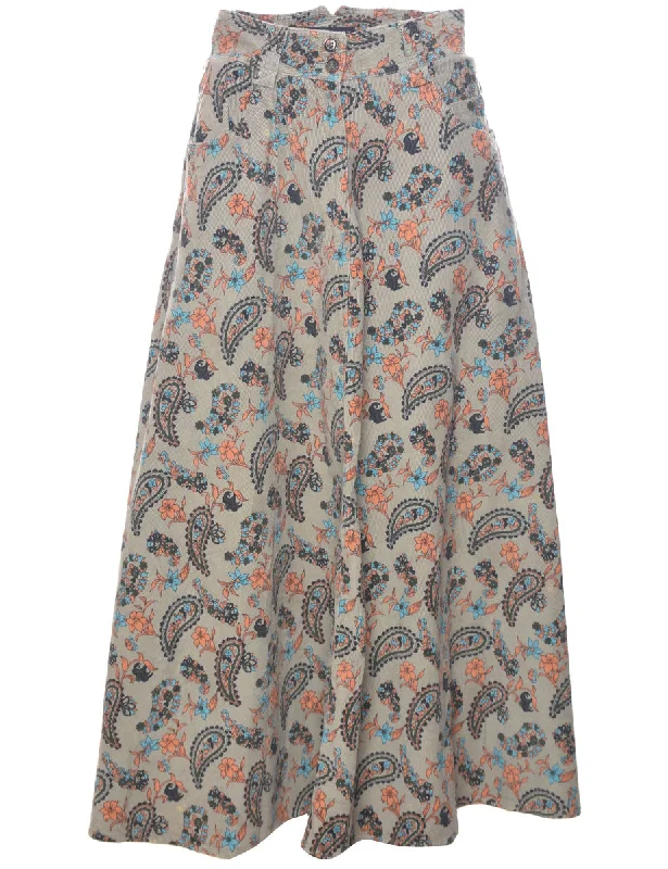 Corduroy Paisley And Floral Print Maxi Skirt - M linen skirt breathable