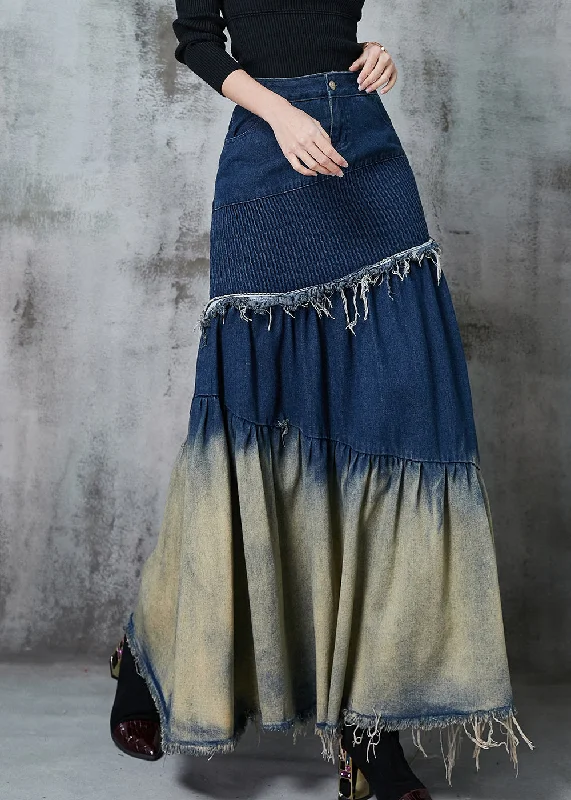 French Navy Silm Fit Patchwork Gradient Color Denim Skirt Spring wool skirt warm