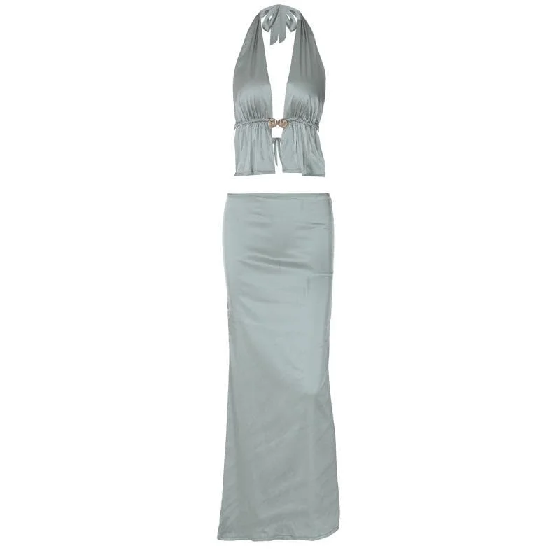 Halter metal button satin backless maxi skirt set wool skirt sturdy