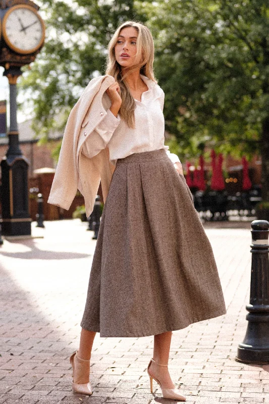 Left Unsaid Brown Herringbone Tweed Midi Skirt button skirt front