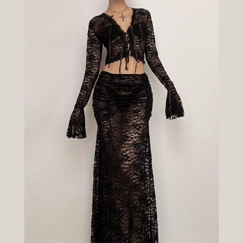 Long flared sleeve lace see through maxi skirt set chiffon skirt airy