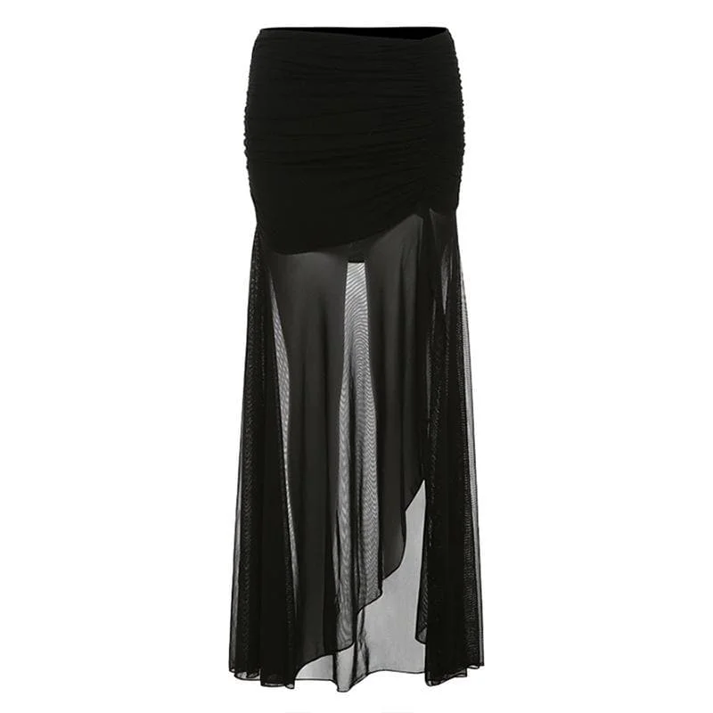 Mesh ruffle ruched slit solid maxi skirt corduroy skirt textured