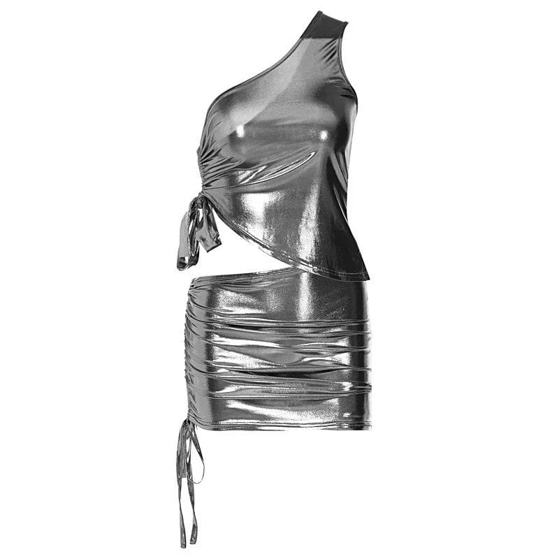 Metallic drawstring irregular one shoulder mini skirt set high slit skirt