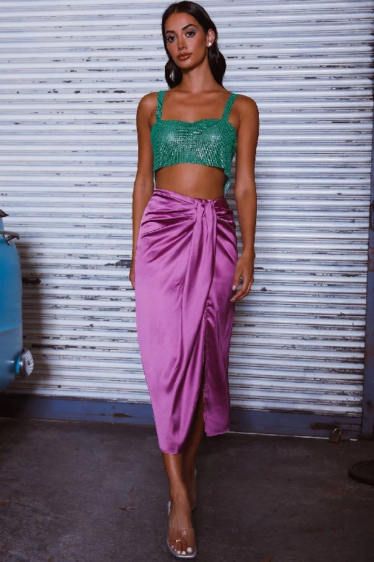 On The Money Gathered Midi Skirt Orchid denim skirt trendy