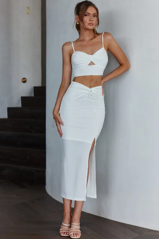 One Night Only Twist Waist Split Midi Skirt White low waist skirt