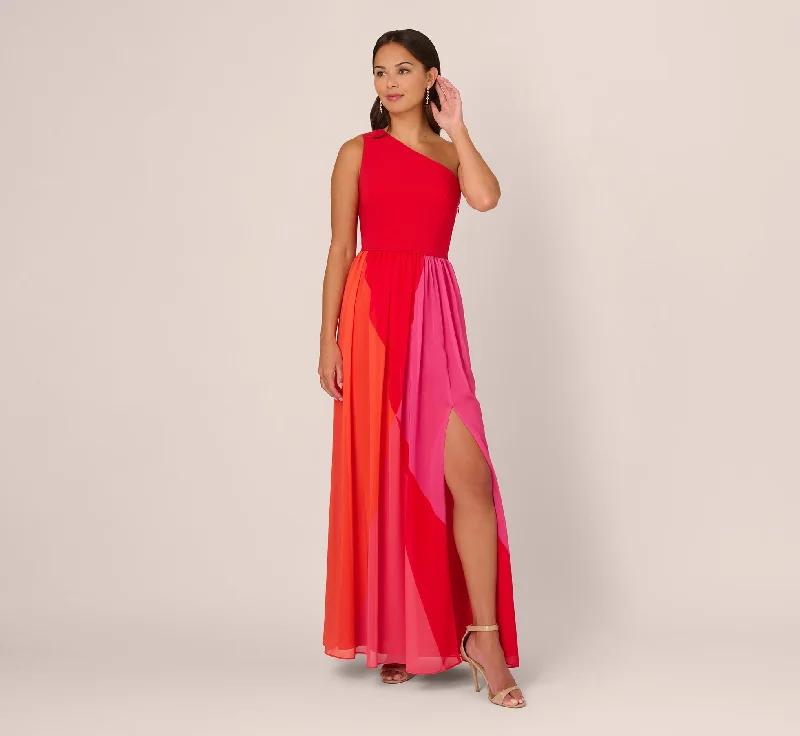 One Shoulder Gown With Color Block Chiffon Skirt In Red Multi silk skirt smooth