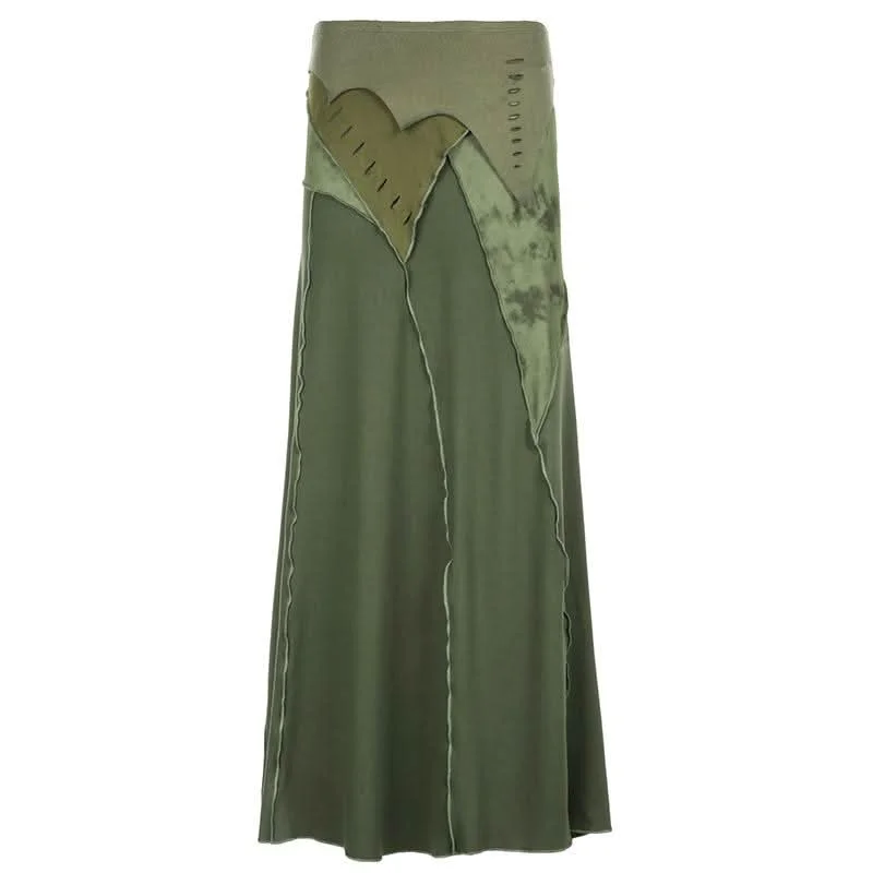 Patchwork slit stitch maxi skirt silk skirt elegant