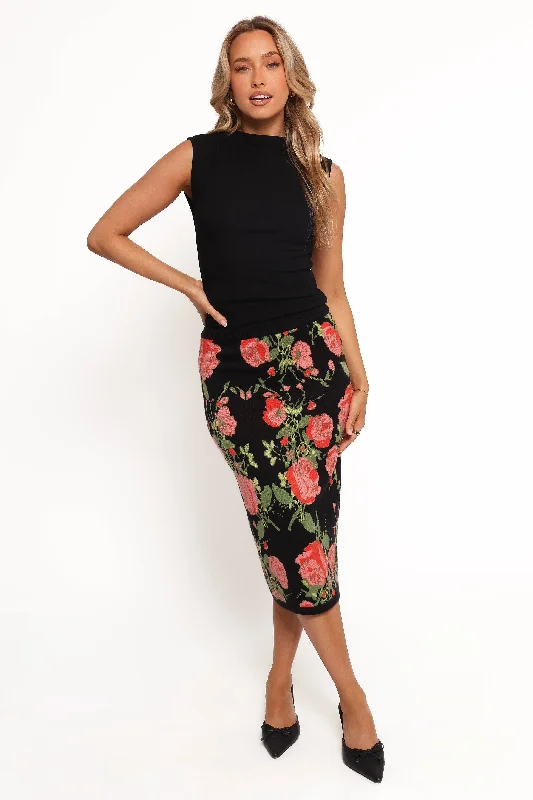 Reeva Knit Skirt - Black Floral corduroy skirt cozy