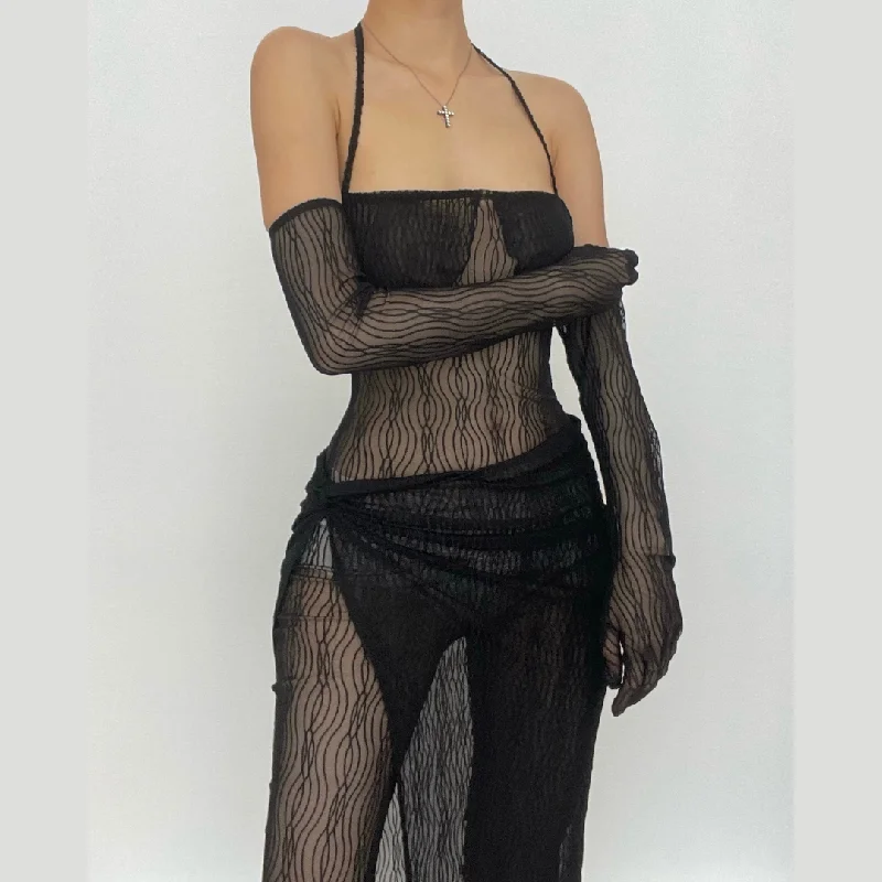 Sheer mesh solid halter self tie gloves backless jumpsuit skirt set boho skirt vibe