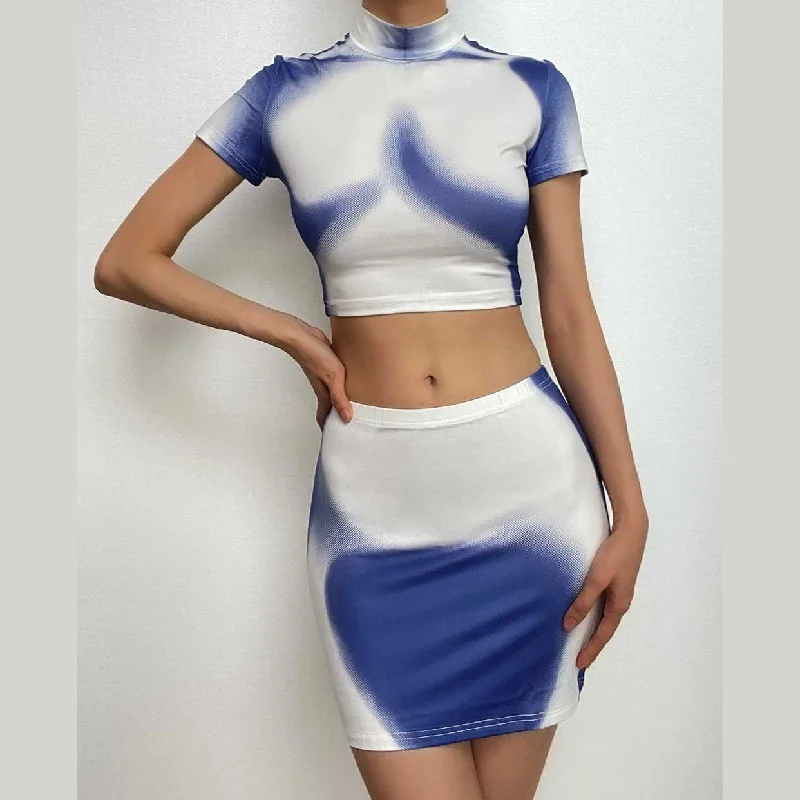 Short sleeve high neck contrast body print mini skirt set silk skirt sleek