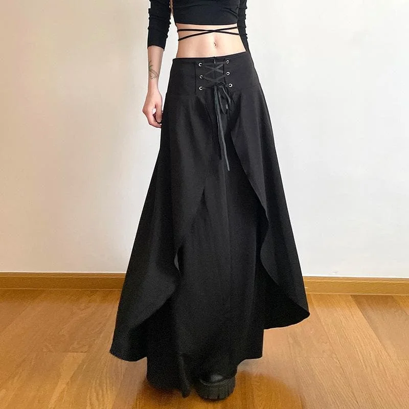 Solid lace up patchwork zip-up low rise maxi skirt linen skirt natural