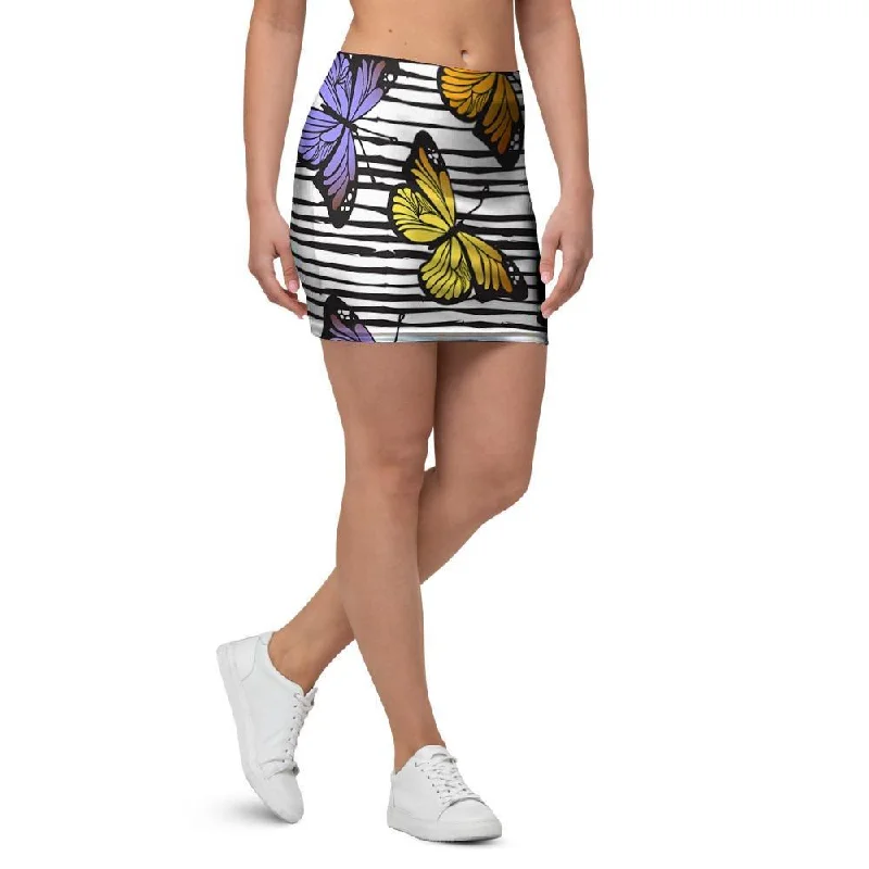 Striped Butterfly Print Mini Skirt silk skirt lustrous