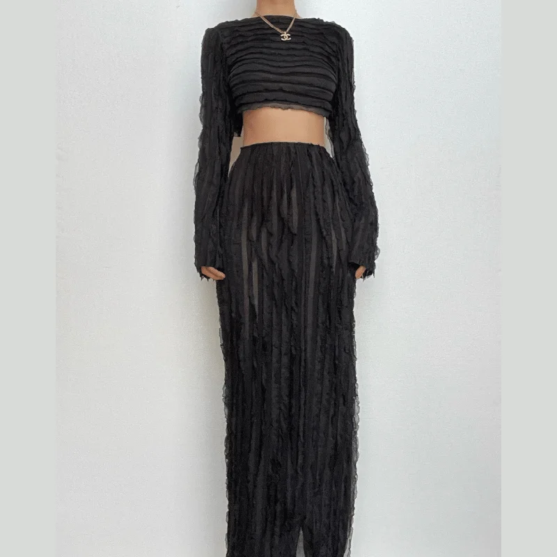 Textured self tie solid backless ruffle maxi skirt set a-line skirt cut