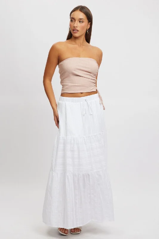 White Tiered Maxi Skirt High Rise Elastic Waist Lined casual skirt length